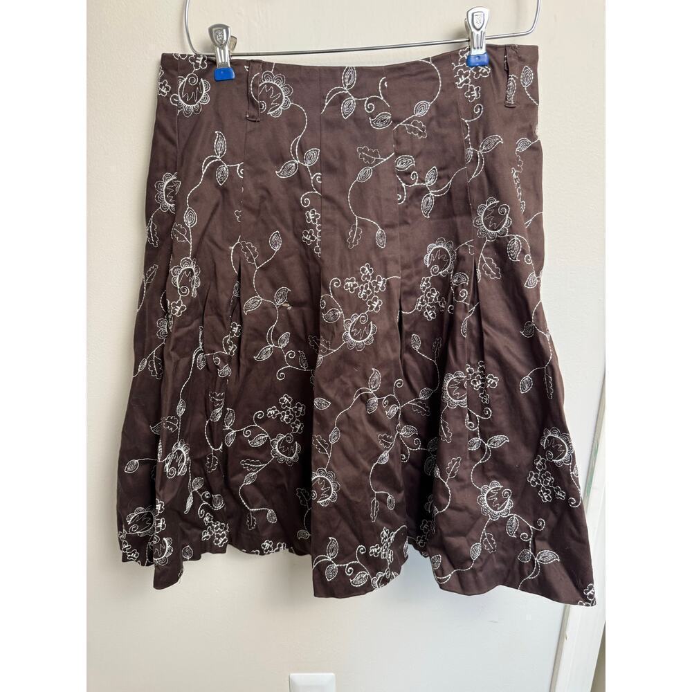 Kenar Embroidered Floral Pleated Skirt A Line Women's Size 8 Brown Lined Flared